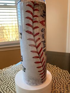 a baseball themed can sitting on top of a table