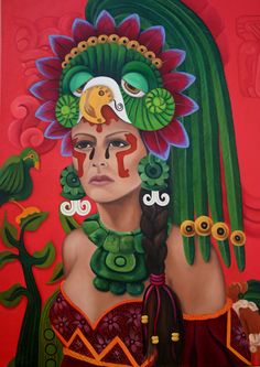 a painting of a woman with green hair and flowers on her head, in front of a red background