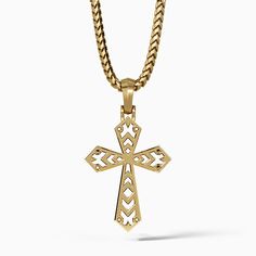 a modern mens gold cross necklace hangs from a chain Gold Pendants For Men, Cross Necklace For Men, Symbol Of Hope, Wolves Pendants, Christian Symbols, Cross Chain, Gold Cross Necklace, Gold Cross Pendant, Small Crosses