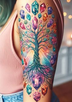 Roots that sparkle, branches that inspire! This crystal tree of life tattoo is a mesmerizing reminder that your foundation is strong, your journey is full of possibilities, and your inner light will always shine through. Crystal tattoos: for the grounded soul who embraces a future filled with brilliance. Bright Color Tattoos For Women, Crystal Tattoo Ideas, Crystal Tattoos, Cat Tattoo Ideas, Colour Tattoo For Women, Crystal Tree Of Life, Cobra Tattoo, Gem Tattoo, Bright Tattoos