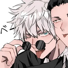 two anime guys with white hair are talking on their cell phones and one is holding a microphone to his ear