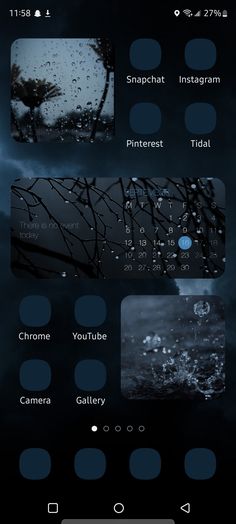 Dark rain aesthetic Ipad Homescreen Dark, Rainy Homescreen, Iphone Layout Dark Blue, Phone Themes Dark Blue, Dark Rain Wallpapers Aesthetic, Dark Homescreen Layout, Dark Rain Aesthetic, Ios Theme Ideas Dark, Phone Themes Dark