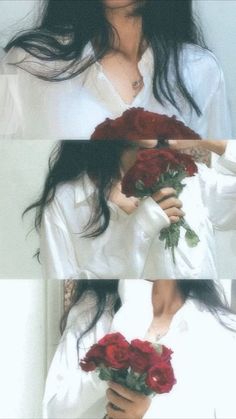 a woman in white shirt holding red flowers