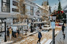 an artist's rendering of a city street with people walking and sitting at tables