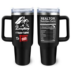 two black travel mugs with the words realtor and nutrition information printed on them