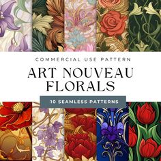 an image of art nouveau florals in different colors and sizes with the title commercial use pattern