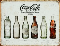 an old coca - cola advertisement with six bottles in different styles and sizes, including one for each bottle