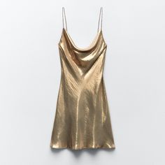 New With Tag Brand Zara Zara New Collection Zara’s Bestselling Fluid Neck Dress With Thin Rhinestone Straps. Outer Shell 100% Polyester Price Is Firm Zara Mini Dress, Nye Dress, Golden Dress, Strappy Mini Dress, Metallic Mini Dresses, Zara Gold, Golden Birthday, Gold Girl, Cowl Neck Dress