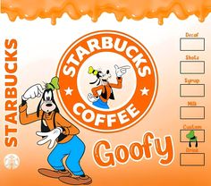 an orange starbucks coffee coup sheet with goofy and goofy characters