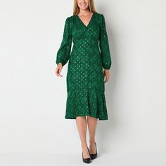 When the occasion calls for a chic ensemble, reach for this Liz Claiborne women's flowy dress featuring a beautiful emerald green hue and a lush leaf pattern embellished with gold glitter. This midi dress is made from a soft jacquard and chiffon blend with a v-neckline, long puffed sleeves and an empire waist. Wear it with heels. Closure Type: ZipperNeckline: V NeckSleeve Length: Long SleeveSleeve Style: Puffed SleeveApparel Length: 44 InchesDress Length: Midi LengthFiber Content: 100% Polyester Empire Waist Dresses, Dresses Empire Waist, Empire Waist Dress, Empire Dress, 20's Dress, Long Sleeve Midi, Waist Dress, Liz Claiborne, Empire Waist