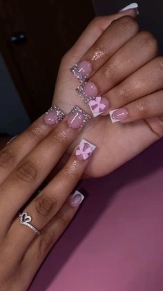 Nails Acrylic Duck Short, Short Pink Bow Nails, Pink Bow Nails Short, Short Pink Duck Nails, Small Duck Nails, Small Square Nails, Short Junk Nails, Duck Nails Short, Acrylic Toe Nails