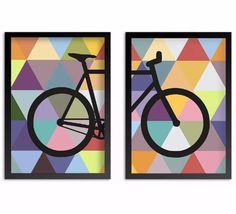 two framed art pieces with a bicycle on the left and right side, against a multicolored background