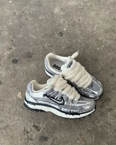 Nike P-6000 Metallic Silver with fluffy laces Fluffy Shoes, Trendy Bracelets, Your Outfit, Nike Outfits, Nike Running