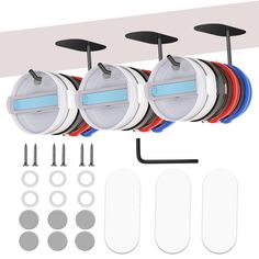 an assortment of different colors and sizes of wires on a rack with screws, hooks, and clips