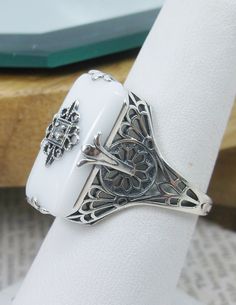 White Inset Stone Ring/ Sterling Silver/ Embellished Gem & CZ, Moissanite, or Diamond Intricate Grace Filigree [Custom Made] Design#233 Edwardian Design, Leaf Geometric, Pink Topaz Ring, Wire Jewelry Rings, Floral Filigree, Glass Ring, Unusual Jewelry, Sterling Silver Filigree, Blue Gems