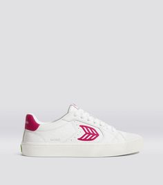 SALVAS White Premium Leather Jazzy Pink Logo Sneaker Women Pink Leather High-top Sneakers With Textured Sole, Pink Casual High-top Sneakers With Textured Sole, Colorful Sneakers, Vegan Sneakers, Summer Sneakers, Upgrade Your Look, Leather Shops, Pink Logo, White Sneakers