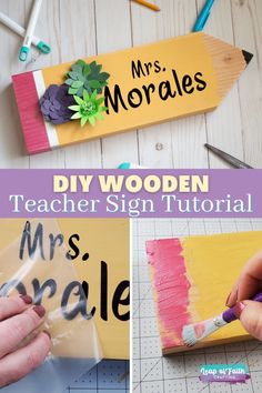 diy wooden teacher sign with the words mrs and mr's morse painted on it