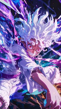 an anime character with white hair and blue eyes is surrounded by bright purple streamers