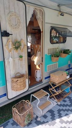 the interior of an rv is decorated with wicker baskets