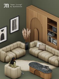 an image of a living room setting with couches and coffee table in the middle