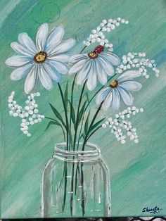 an acrylic painting of daisies in a mason jar with baby's breath