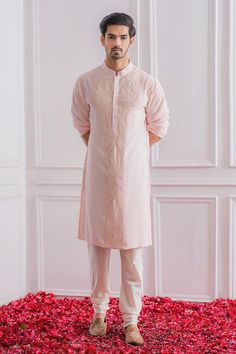 Buy Gargee Designers Brown Cotton Silk Chanderi Applique Kurta Set Online | Aza Fashions Indian Wedding Outfits Guest, Powder Pink Color, Silk Kurta Set, Haldi Outfit, Gents Kurta Design, Modern Groom, Indian Handicrafts