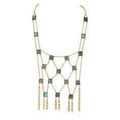 The glowing blue labradorite on open work mesh chain is designed strategically to function casually or as a bold standout. Whether on the skin or over a garment, this alluring yellow gold bib necklace is a versatile layer added to a keenly edited wardrobe. A key feature is it's adjustability to wear high on the neck or low to accentuate it's sexy drape. The greatest concern of Alberian & Aulde as designers and makers is how the piece relates on the body, rather than as a stand alone object. Prec Body Chain Fashion, Gold Bib Necklace, Blue Labradorite, Simply Vera, Bib Necklace, Drop Necklace, Jewelry Inspiration, Labradorite, Aura