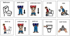 bathroom signs showing how to use the toilet in different positions and colors, with instructions for each