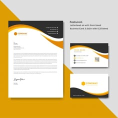 a letterhead, business card and envelope with an orange wave design on the front