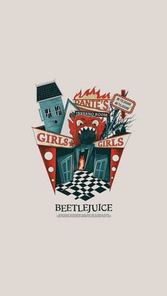 the logo for beetlejuice is shown in red and blue, with an image of a