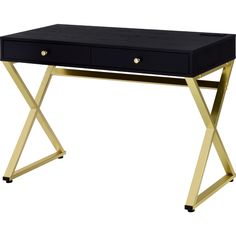 a black and gold desk with two drawers on one side, an x - leg base