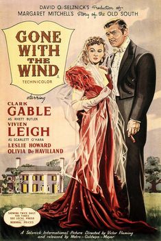 the poster for gone with the wind is shown in blue and white stripes, while an image of a man standing next to a woman