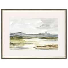 a painting with watercolor paint on it and mountains in the background, framed in white