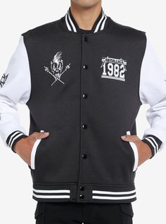 Get through all 72 seasons with the perfect varsity jacket! This black & white varsity jacket is inspired by Metallica  with their band name and the year of their first gig on the front and back. Peep the sleeves for more icons and Metallica logos. Comes with pockets.100% polyesterWash cold; dry lowImportedListed in men'sunisex sizes Metallica Logo, Tall Hoodies, Plus Size Fits, Band Merch, Socks And Tights, Sweaters And Jeans, Hot Topic, Suspenders, Sock Shoes