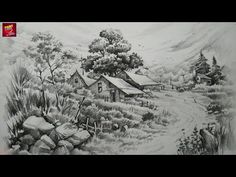 a drawing of a rural landscape with houses and trees