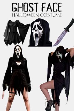 2 women wearing black dressed and scream masks for ghostface Halloween costumes. Female Ghostface Costume, Scream Halloween Costume, Ghostface Costume, Halloween Inspired Outfits, Black Dress Halloween Costume, Scream Costume, Stylish Halloween Costumes, Unique Couple Halloween Costumes, Horror Halloween Costumes