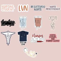 various nurse stickers on a pink background