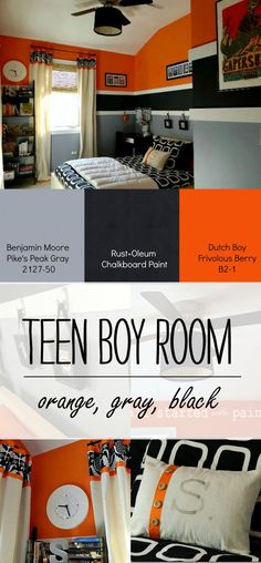 an orange and black bedroom with the words teen boy room in white, grey, and black