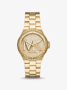 Your favorite Lennox watch gets updated with our “MK” initials for a novelty statement. It’s beautifully crafted from gold-tone stainless steel and encrusted with shimmering pavé accents for maximum impact. Consider it the perfect finishing touch to evening outfits. Watches Women Michael Kors, Watches Logo, Pave Bracelet, Gold Plated Watch, Analog Watch, Women's Watch, Stainless Steel Watch, Michael Kors Watch, Stainless Steel Bracelet