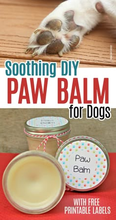 a collage of photos with dog paw balm labels and an image of a puppy paw