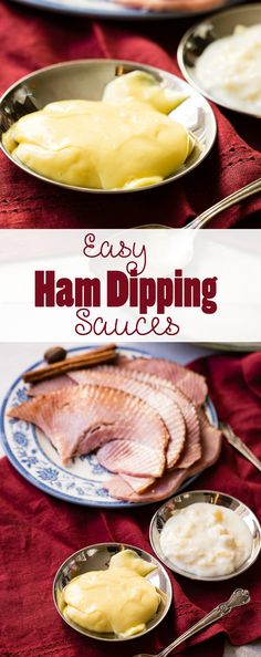 ham dipping sauces in bowls on a table