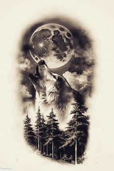 the wolf is howling at the moon in the sky