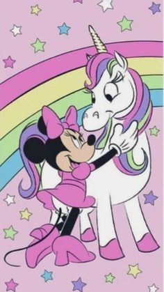 minnie mouse and mickey mouse hugging each other in front of a rainbow with stars on it