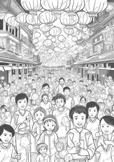 a black and white drawing of people standing in front of a building with lanterns hanging from the ceiling