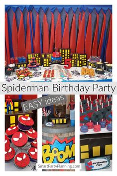 spiderman birthday party with red, yellow and blue decorations including cupcakes and cake