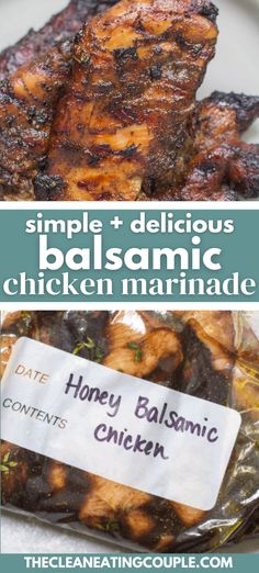 grilled chicken with balsamic marinade on the side and text overlay