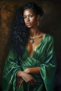 a painting of a woman with long black hair wearing a green dress and gold jewelry