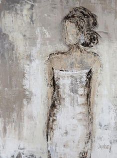 an abstract painting of a woman's back in grey and white colors, with the image of a dress on it