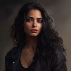 a painting of a woman with long dark hair wearing a black leather jacket and necklace