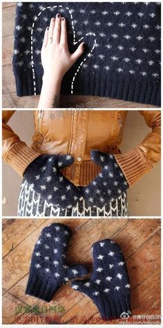 three pictures showing how to knit mitts with the fingers and thumb holes in them